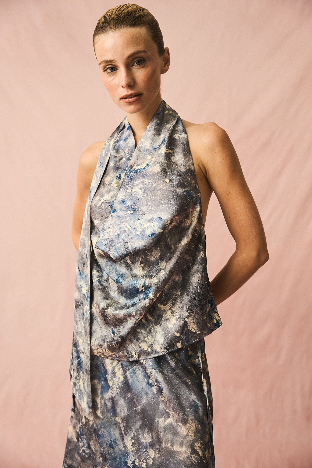 Draped Blouse Blue Gray